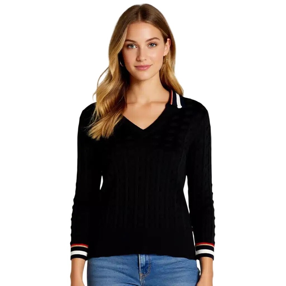Tommy Hilfiger Womens V-Neck Cable Knit Polo Sweater Black Striped Collar S NWT
